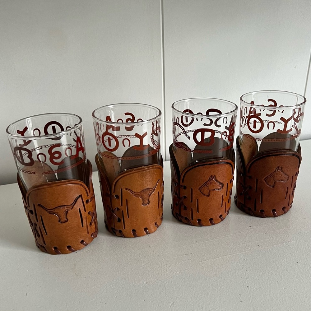 Leather-Wrapped Glass Tumbler with Western Motif - Brown